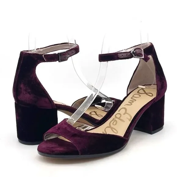 Sam Edelman Susie Velvet Block Heel Ankle Strap Sandals Burgundy Maroon Size 6.5 - Picture 4 of 13